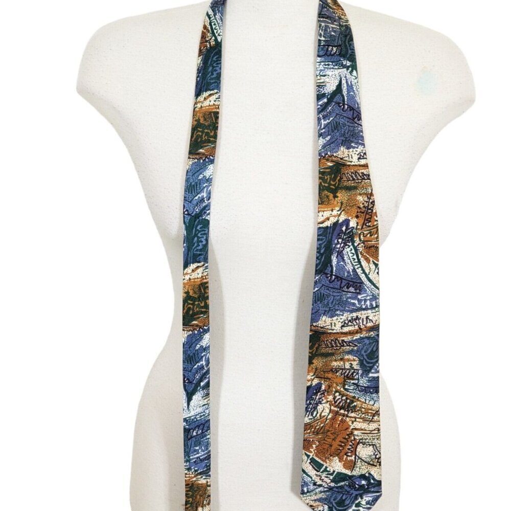 Vintage Necktie Thai Silk Hand Made Retro Blue Multicolor Abstract Tie Thailand